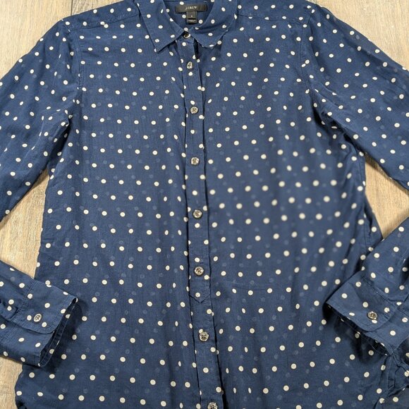 J Crew Button Up Top Womens Medium 8 Blue Polka Dot Sheer Cotton Silk Blend - Picture 2 of 10